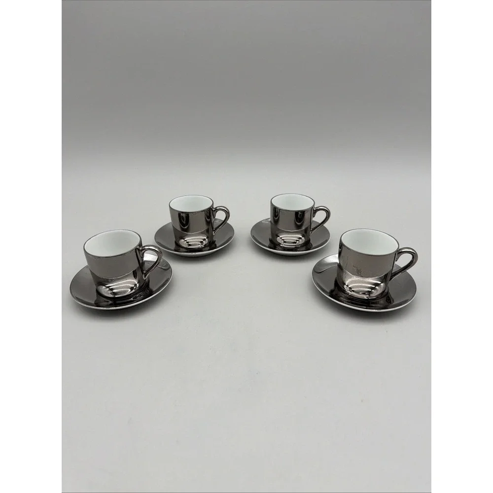 Fitz & Floyd Silver Demitasse Espresso Cups & Saucers Set 4 FF Stamp